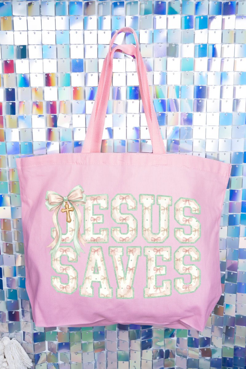Jesus Saves Coquette Cross Canvas Jumbo Tote - Wholesale Accessory Market