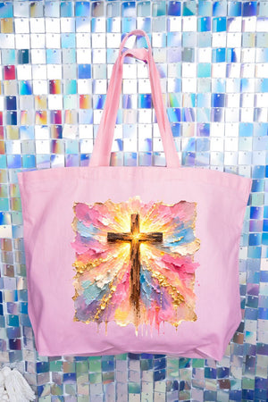 Pastel Brushstroke Cross Canvas Jumbo Tote - Wholesale Accessory Market