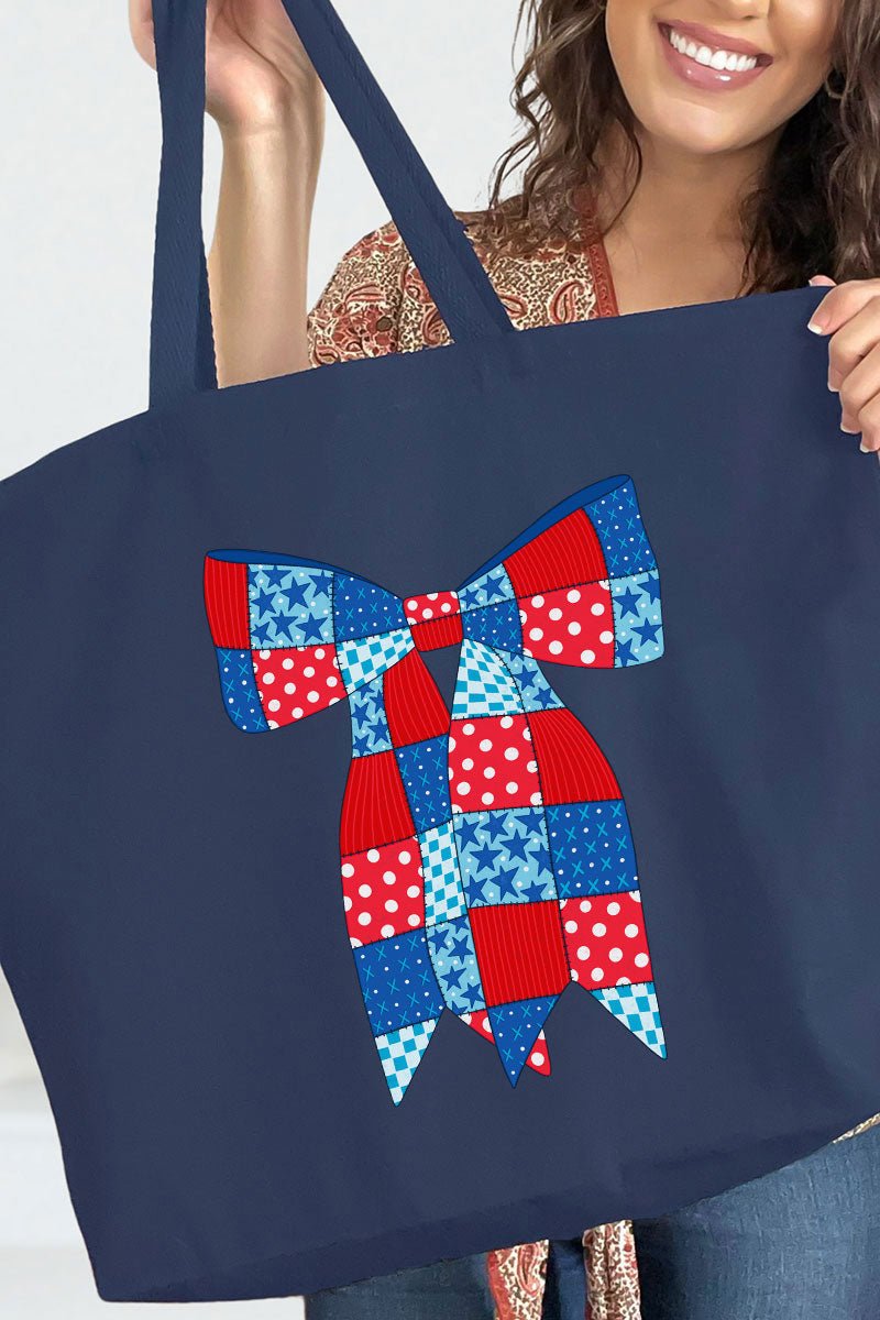 Patchwork Patriotic Bow Canvas Jumbo Tote - Wholesale Accessory Market