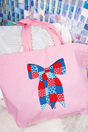 Patchwork Patriotic Bow Canvas Jumbo Tote - Wholesale Accessory Market