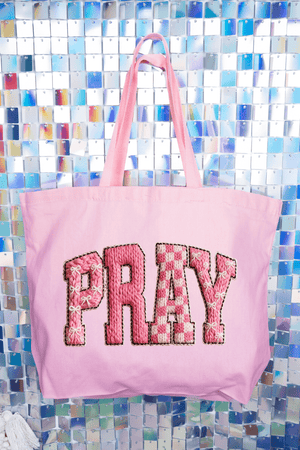 Pink Faux Yarn Coquette Pray Canvas Jumbo Tote - Wholesale Accessory Market