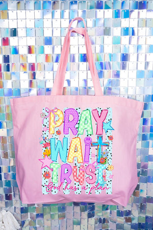 Pray Wait Trust Bright Doodle Canvas Jumbo Tote - Wholesale Accessory Market