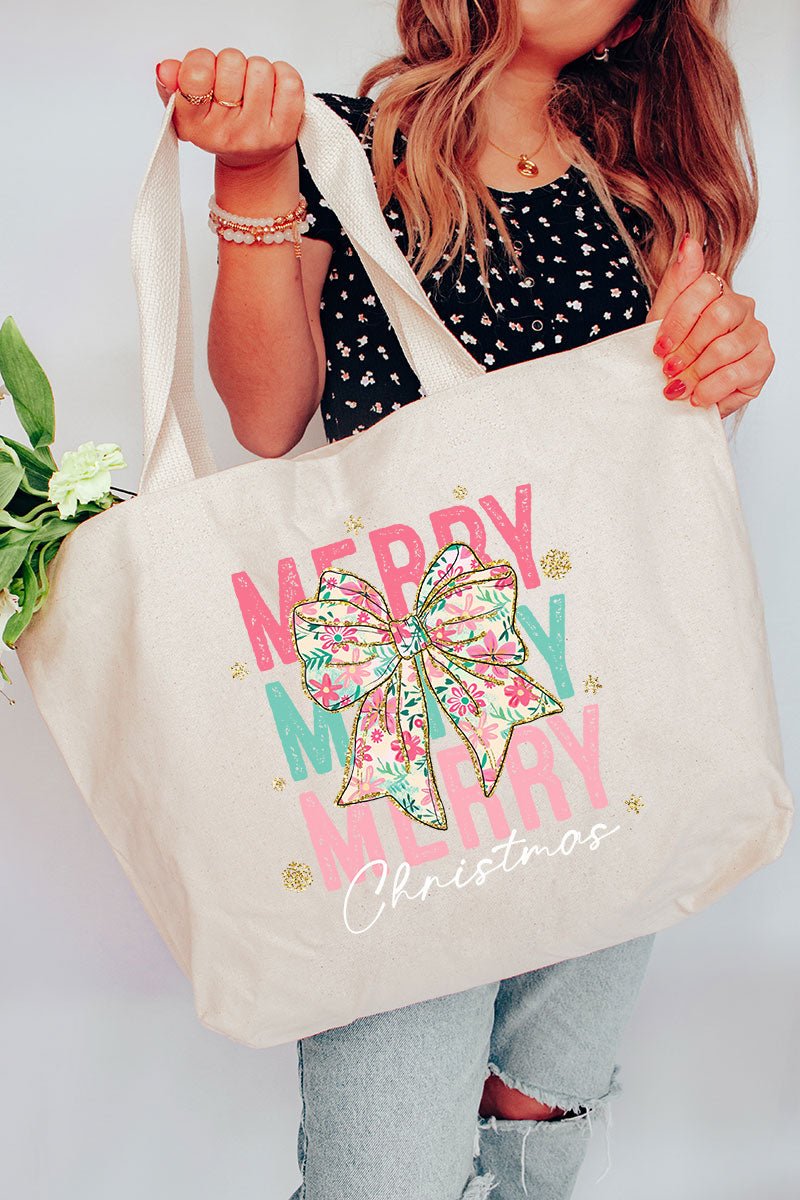 Preppy Blossom Merry Christmas Canvas Jumbo Tote - Wholesale Accessory Market
