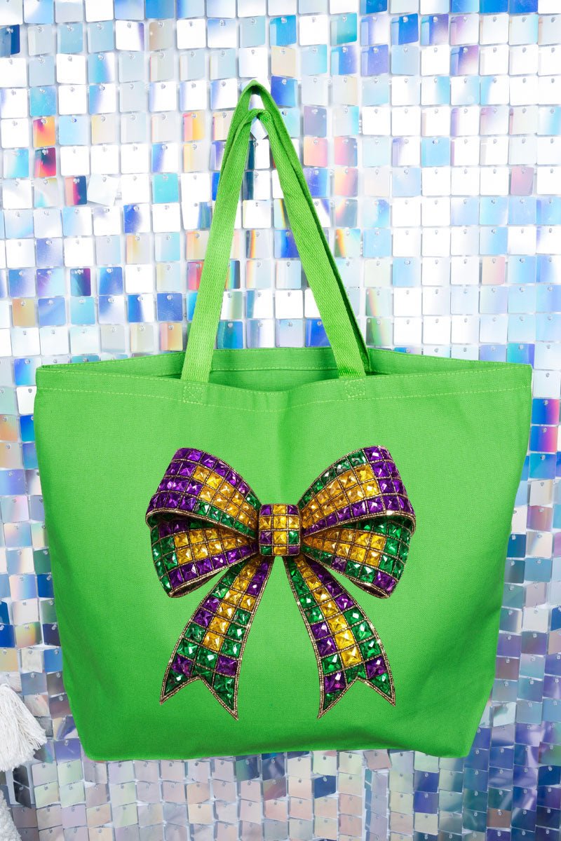 Faux Rhinestone Mardi Gras Bow Canvas Jumbo Tote - Wholesale Accessory Market