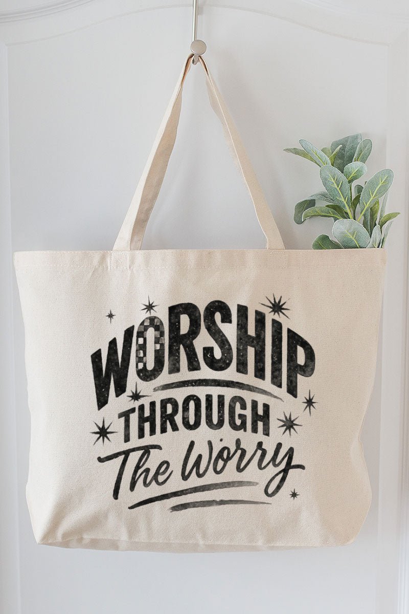 Black Worship Through The Worry Canvas Jumbo Tote - Wholesale Accessory Market