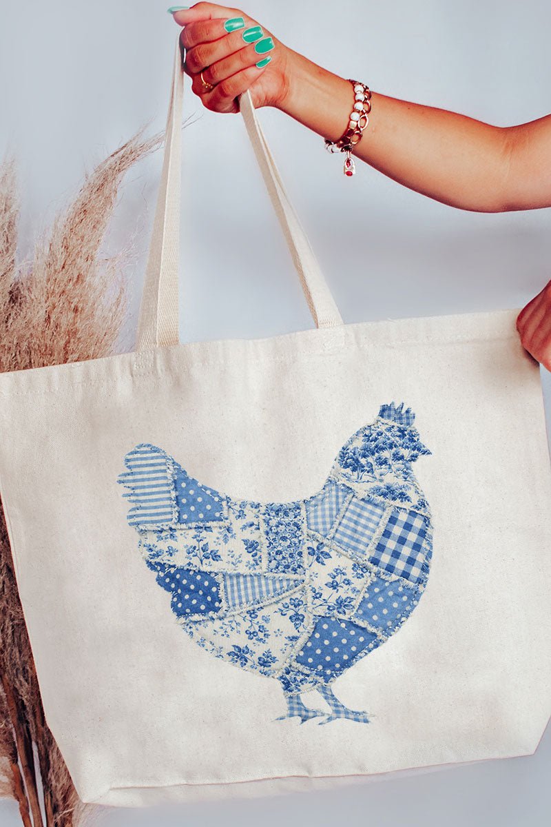 Faux Patchwork Blue Chicken Canvas Jumbo Tote - Wholesale Accessory Market