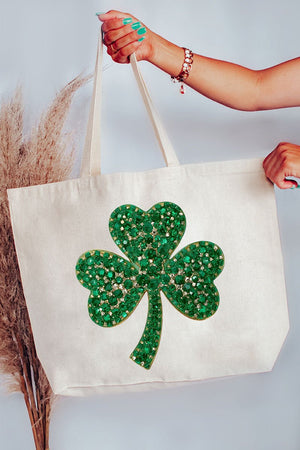 Faux Rhinestone Clover Canvas Jumbo Tote - Wholesale Accessory Market