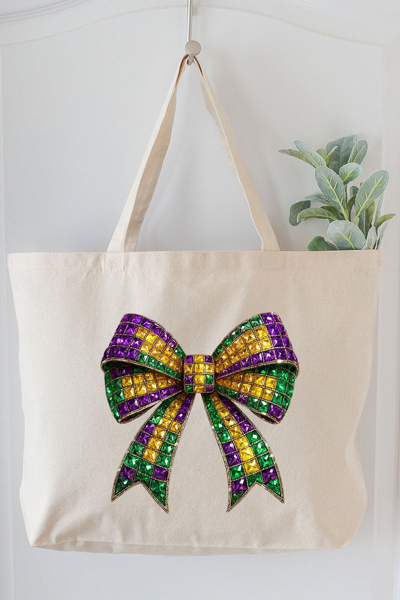 Faux Rhinestone Mardi Gras Bow Canvas Jumbo Tote - Wholesale Accessory Market
