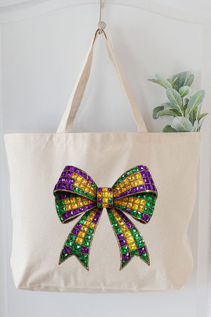 Faux Rhinestone Mardi Gras Bow Canvas Jumbo Tote - Wholesale Accessory Market