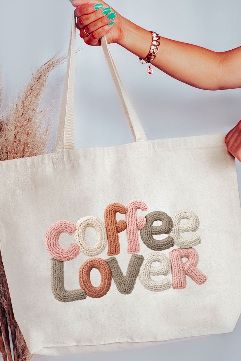 Faux Yarn Coffee Lover Canvas Jumbo Tote - Wholesale Accessory Market