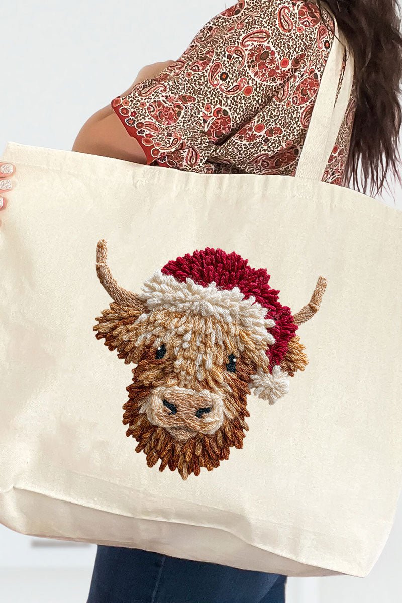 Faux Yarn Highland Cow Canvas Jumbo Tote - Wholesale Accessory Market