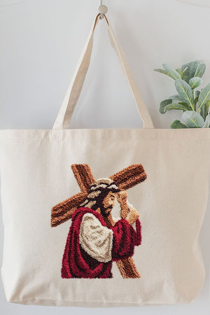 Faux Yarn Jesus At The Cross Canvas Jumbo Tote - Wholesale Accessory Market