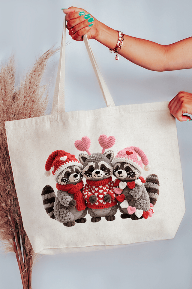 Faux Yarn Raccoon Romance Canvas Jumbo Tote - Wholesale Accessory Market