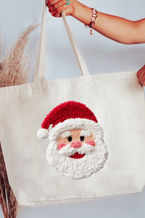 Faux Yarn Stitched With Cheer Santa Canvas Jumbo Tote - Wholesale Accessory Market