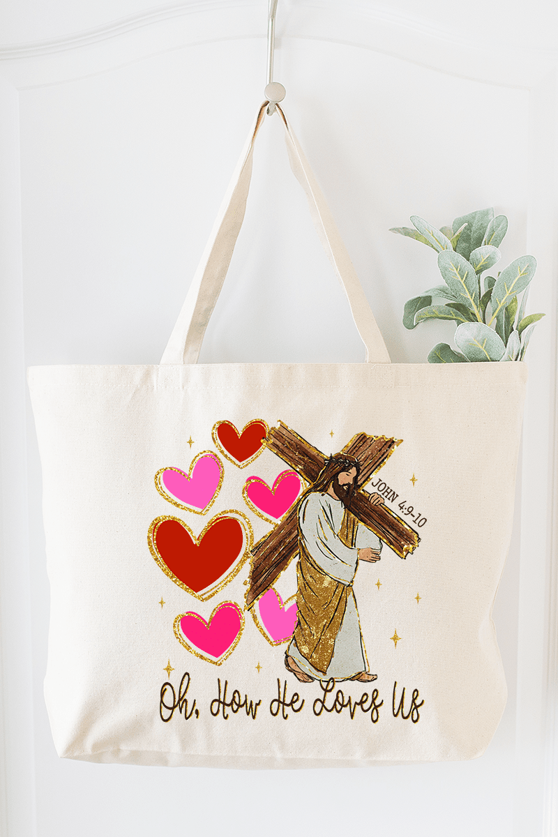 He Loves Us Hearts Canvas Jumbo Tote - Wholesale Accessory Market