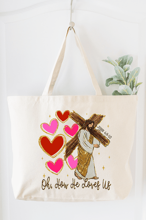 He Loves Us Hearts Canvas Jumbo Tote - Wholesale Accessory Market