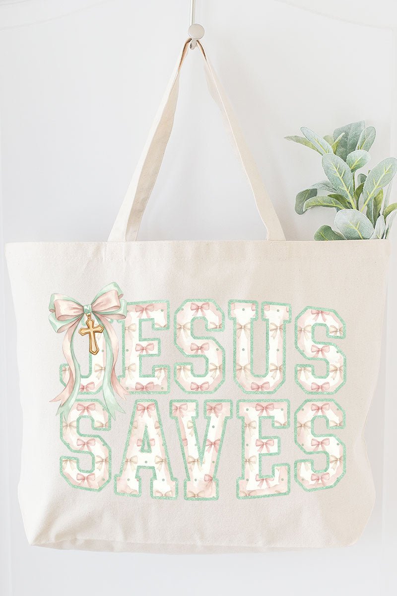 Jesus Saves Coquette Cross Canvas Jumbo Tote - Wholesale Accessory Market