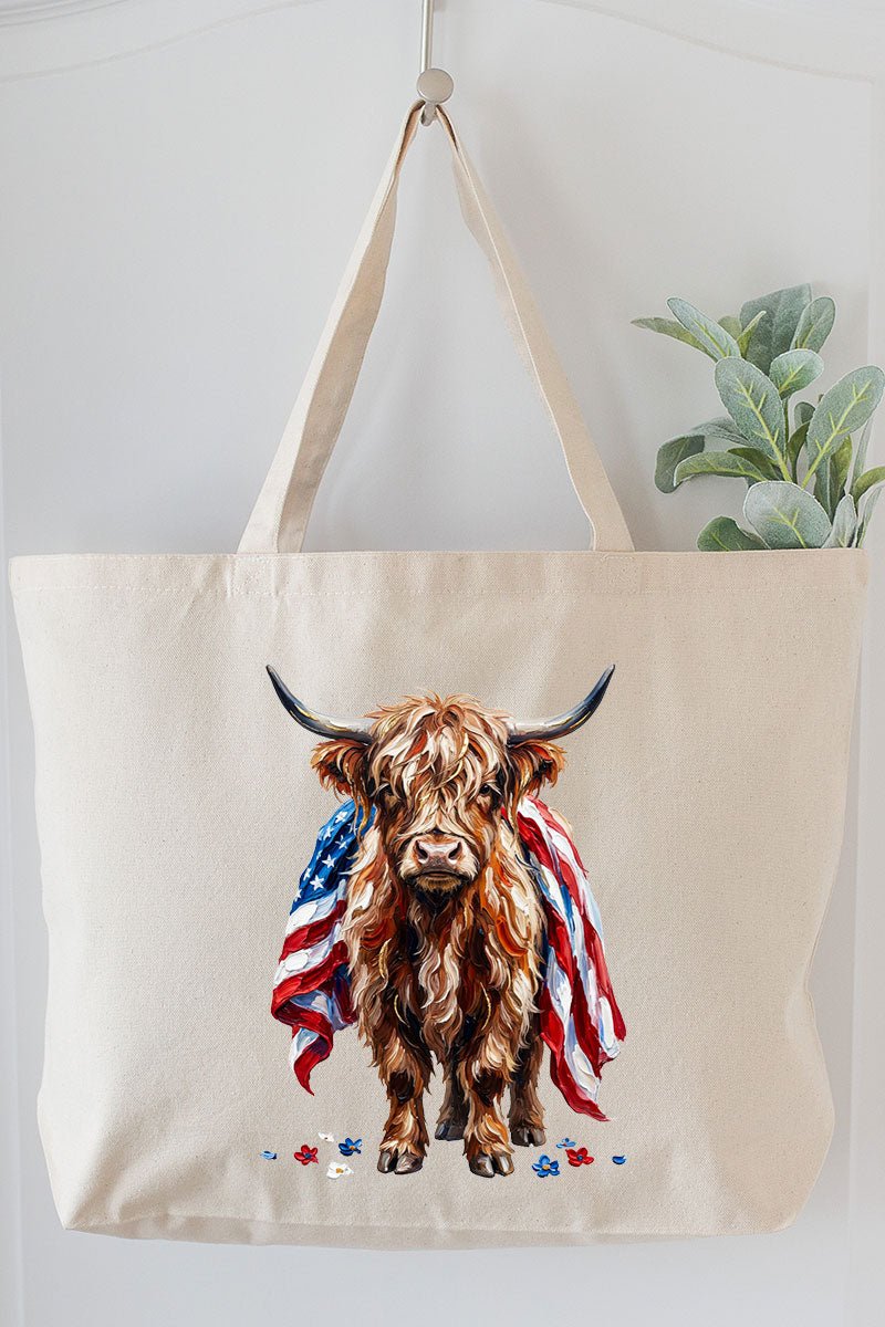 Painted Old Glory Highland Cow Canvas Jumbo Tote - Wholesale Accessory Market
