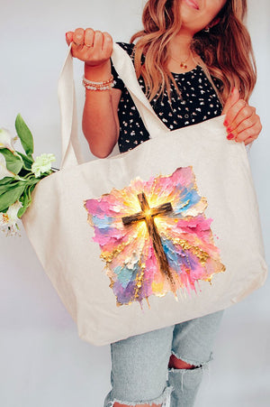 Pastel Brushstroke Cross Canvas Jumbo Tote - Wholesale Accessory Market