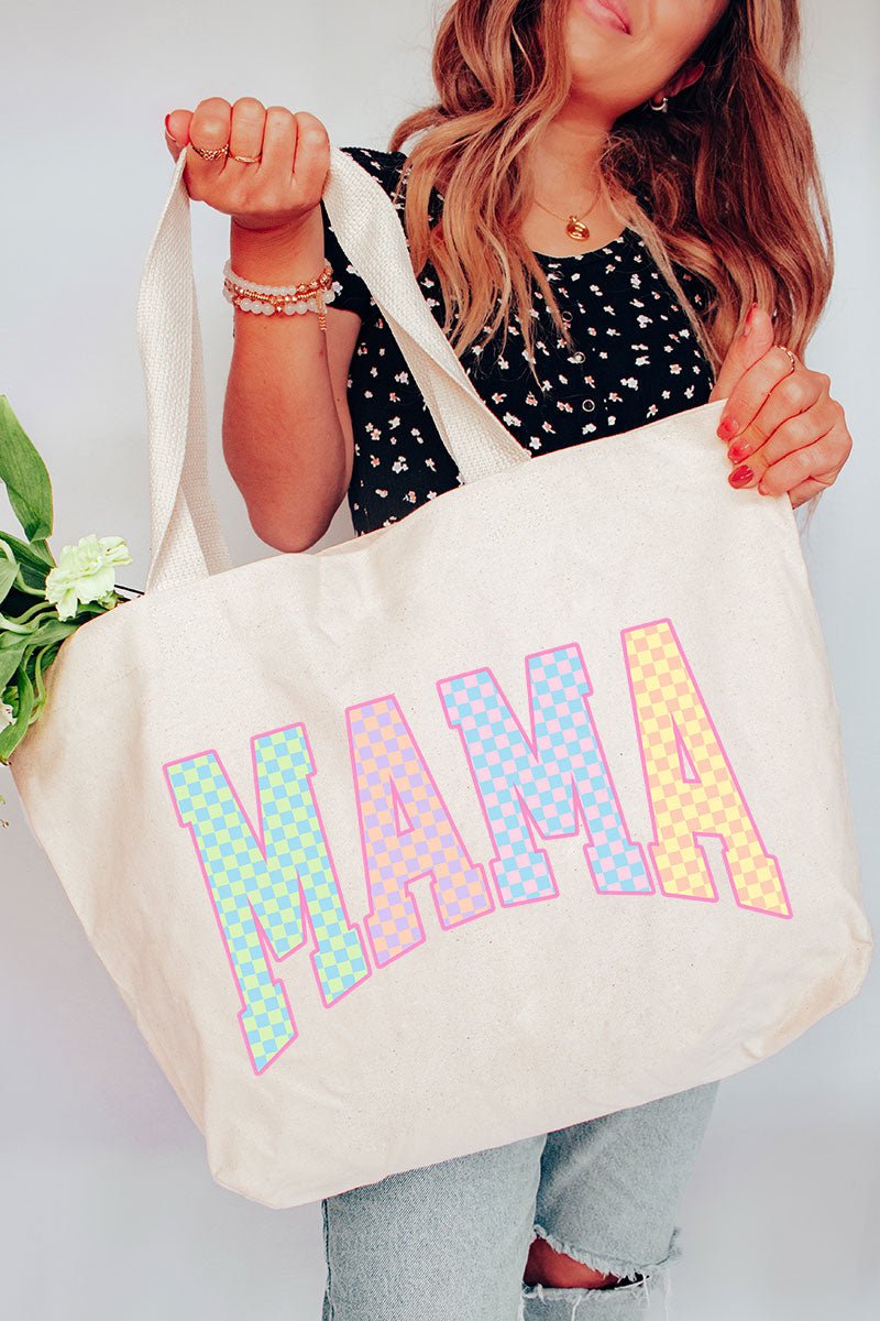Pastel Checkered Mama Canvas Jumbo Tote - Wholesale Accessory Market
