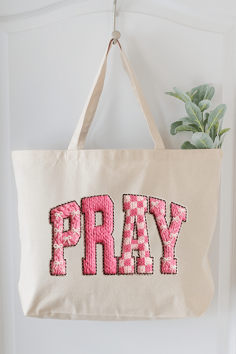 Pink Faux Yarn Coquette Pray Canvas Jumbo Tote - Wholesale Accessory Market