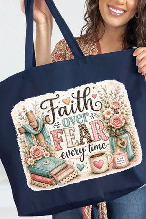 Faith Over Fear Floral Devotion Canvas Jumbo Tote - Wholesale Accessory Market