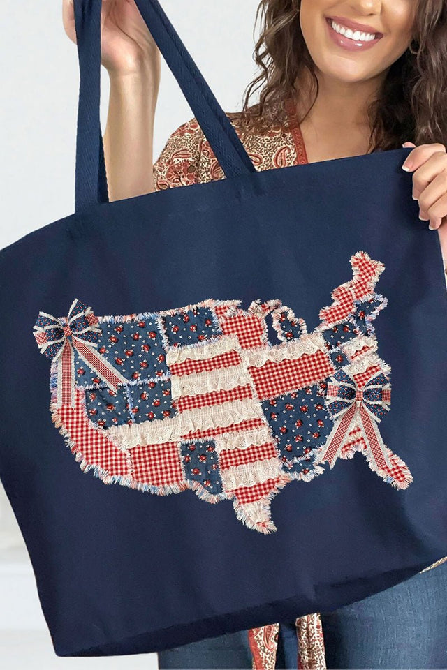 Faux Patchwork USA Map Canvas Jumbo Tote - Wholesale Accessory Market