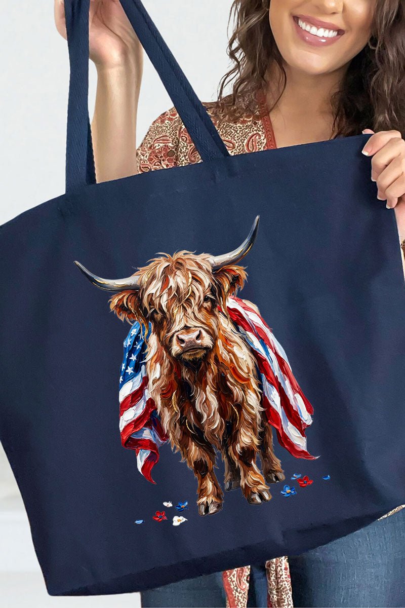 Painted Old Glory Highland Cow Canvas Jumbo Tote - Wholesale Accessory Market