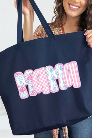 Preppy Pink And Blue Mama Canvas Jumbo Tote - Wholesale Accessory Market
