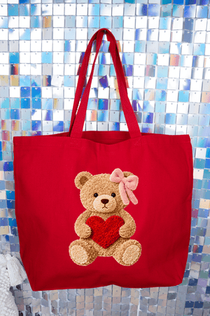Cozy Heart Cub Faux Yarn Canvas Jumbo Tote - Wholesale Accessory Market