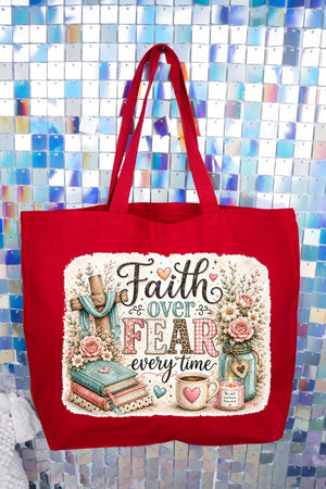 Faith Over Fear Floral Devotion Canvas Jumbo Tote - Wholesale Accessory Market