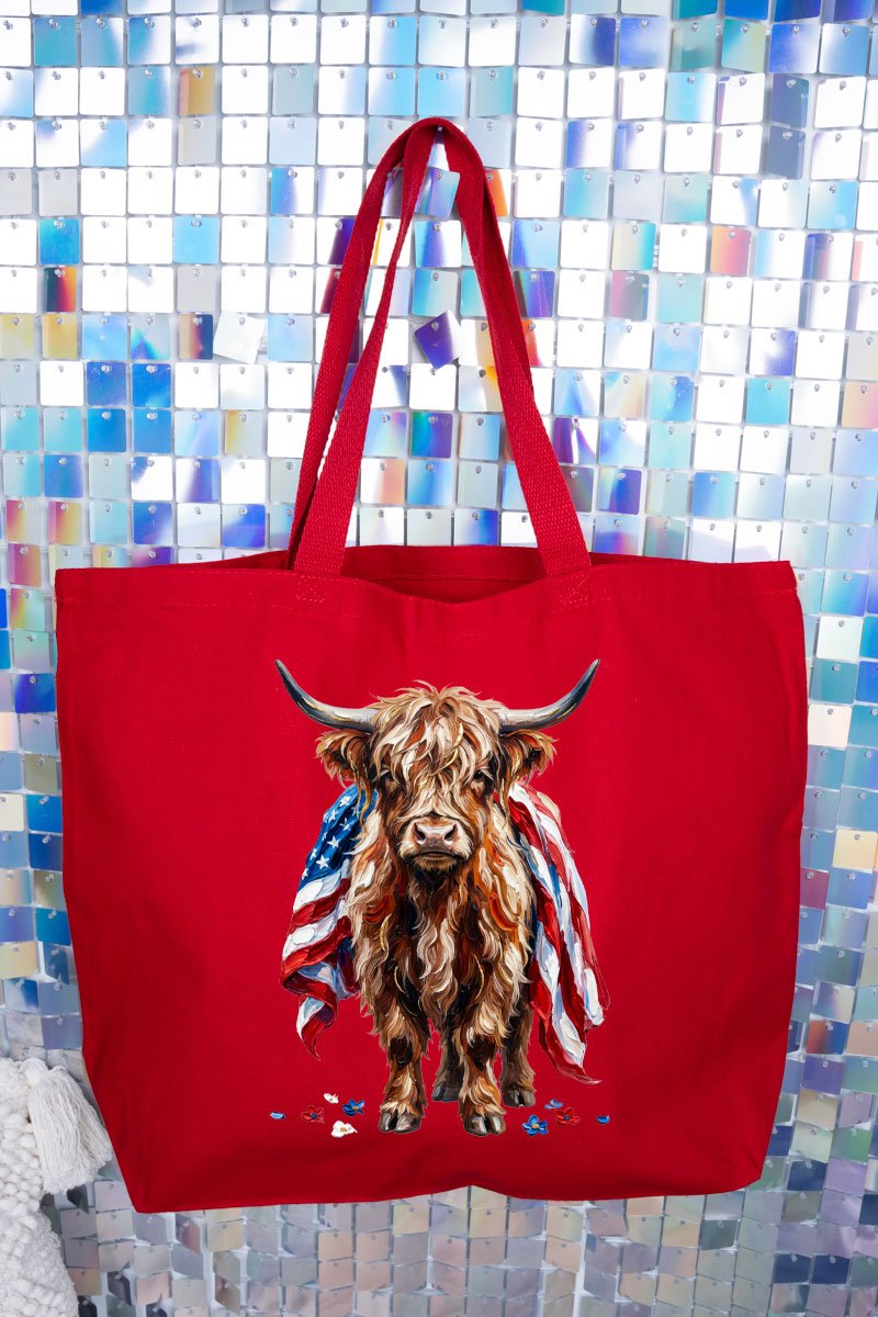 Painted Old Glory Highland Cow Canvas Jumbo Tote - Wholesale Accessory Market