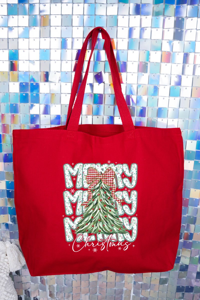 Stacked Holly Merry Christmas Tree Canvas Jumbo Tote - Wholesale Accessory Market