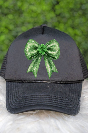 Faux Glitter Clover Coquette Tab Transfer Foam Mesh Back Trucker Cap - Wholesale Accessory Market