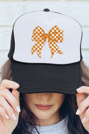 Orange Checkered Coquette Bow Foam Mesh Back Trucker Cap - Wholesale Accessory Market