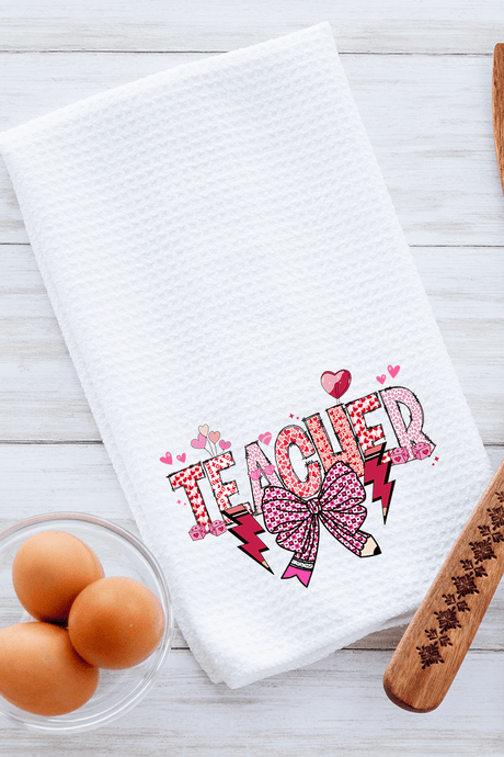 Bow Teacher Doodle Waffle Kitchen Towel - Wholesale Accessory Market