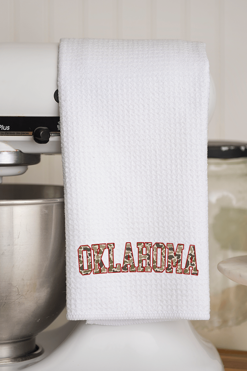 Crimson Oklahoma Camo Waffle Kitchen Towel - Wholesale Accessory Market
