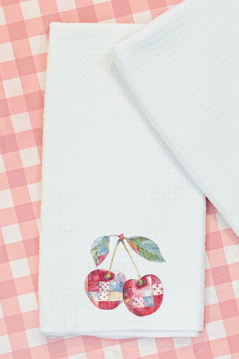Faux Patchwork Cherries Waffle Kitchen Towel - Wholesale Accessory Market
