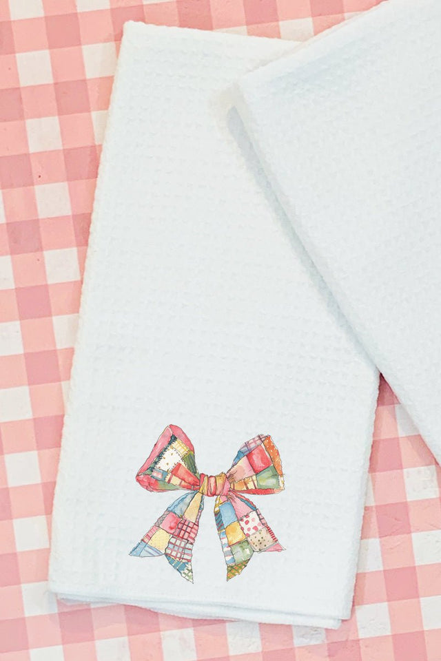 Faux Patchwork Quilt Stripe Bow Waffle Kitchen Towel - Wholesale Accessory Market