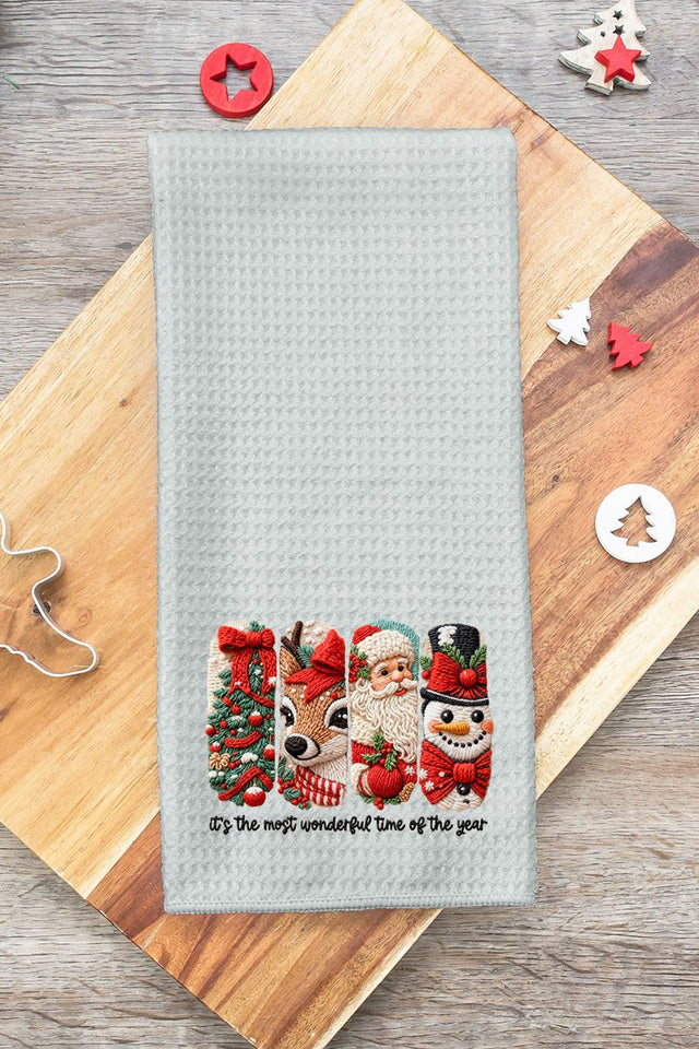 Faux Yarn Most Wonderful Time Gray Waffle Kitchen Towel - Wholesale Accessory Market