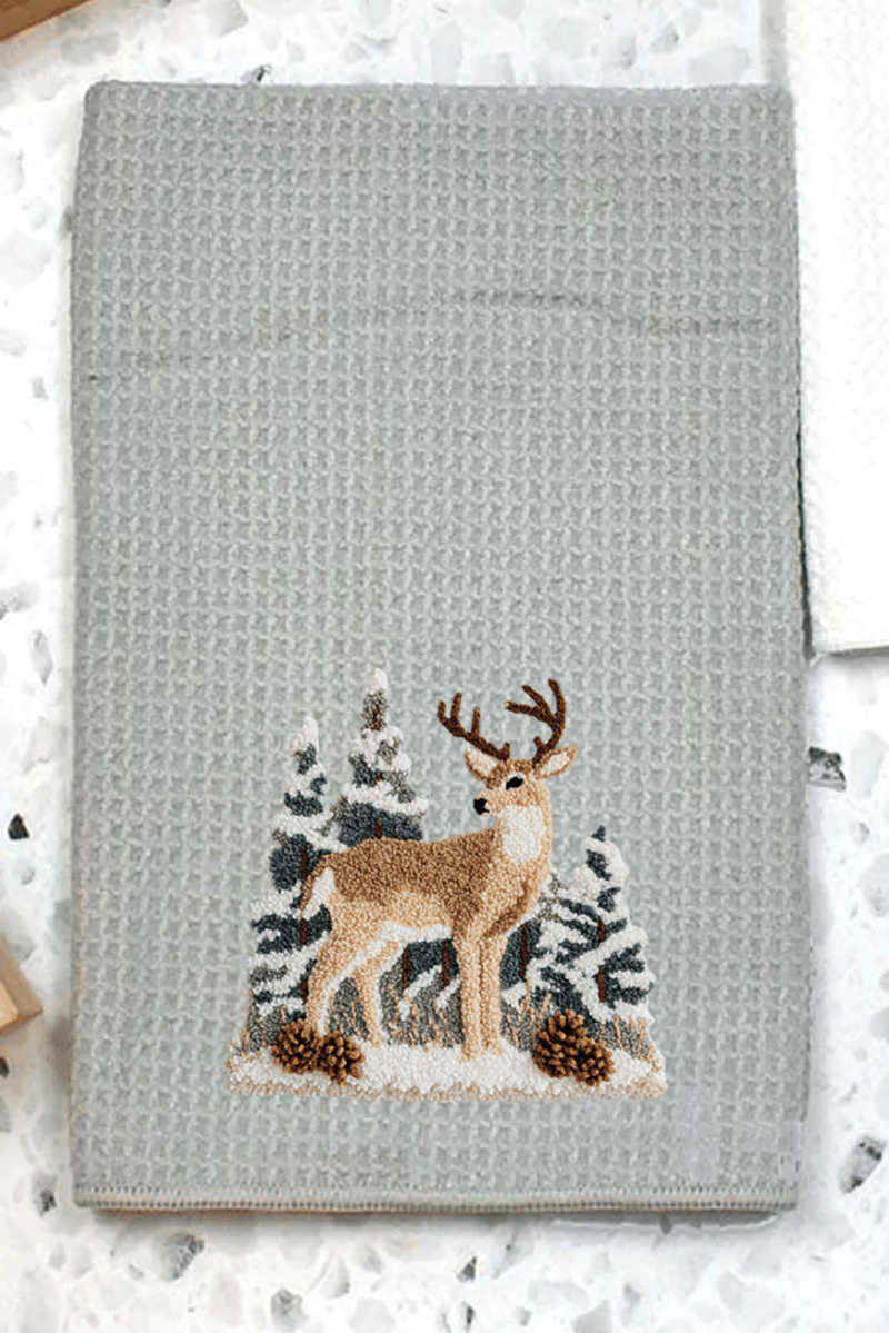 Faux Yarn Winter Deer Gray Waffle Kitchen Towel - Wholesale Accessory Market