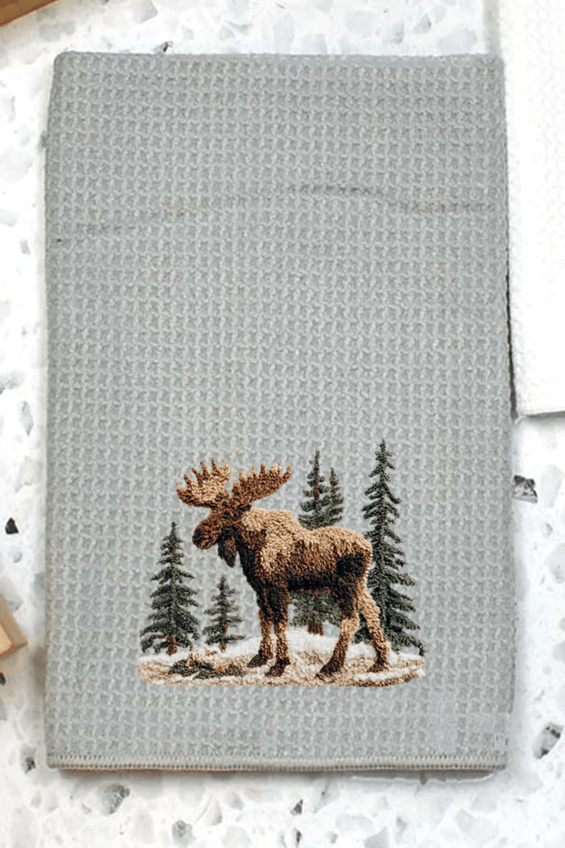 Faux Yarn Winter Moose Gray Waffle Kitchen Towel - Wholesale Accessory Market