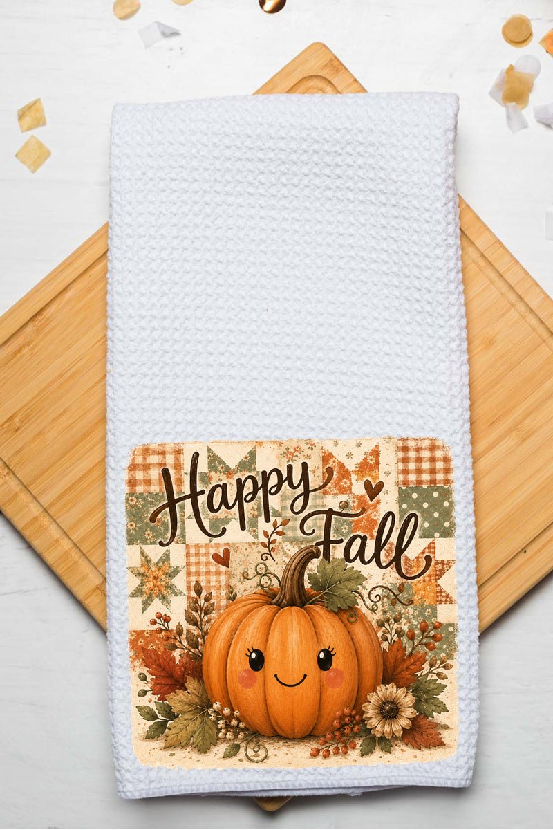 Happy Pumpkin Patchwork Waffle Kitchen Towel - Wholesale Accessory Market