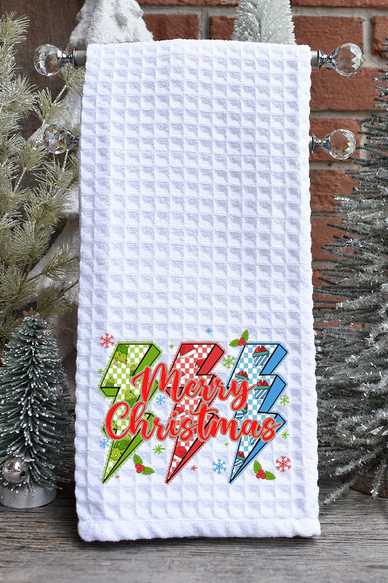 Merry Christmas Lightning Bolts Waffle Kitchen Towel - Wholesale Accessory Market