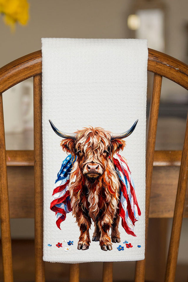 Painted Old Glory Highland Cow Waffle Kitchen Towel - Wholesale Accessory Market