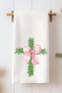 Pink Bow Boxwood Cross Waffle Kitchen Towel - Wholesale Accessory Market