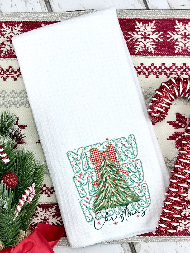 Stacked Holly Merry Christmas Tree Waffle Kitchen Towel - Wholesale Accessory Market