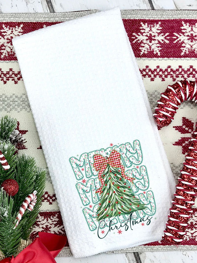 Stacked Holly Merry Christmas Tree Waffle Kitchen Towel - Wholesale Accessory Market