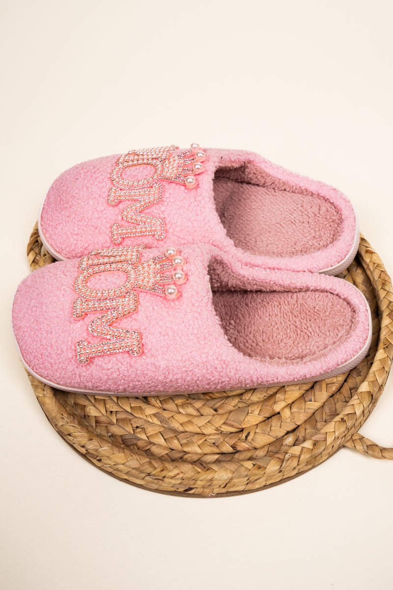 Pink Pearl Queen Mom Plush Slippers - Wholesale Accessory Market