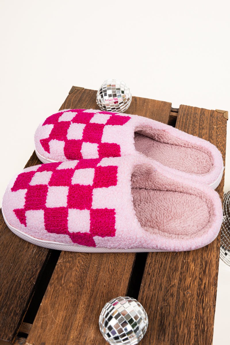 Slow Morning Pink Tonal Check Plush Slippers - Wholesale Accessory Market